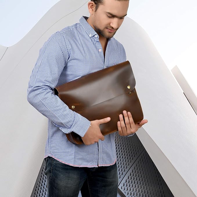 Jajmo Legacy Premium Top Grain Leather Laptop Sleeve - Fits 15” Laptops - Vintage Style Messenger Bag with Snap Buttons - Perfect for Office, School, and Travel