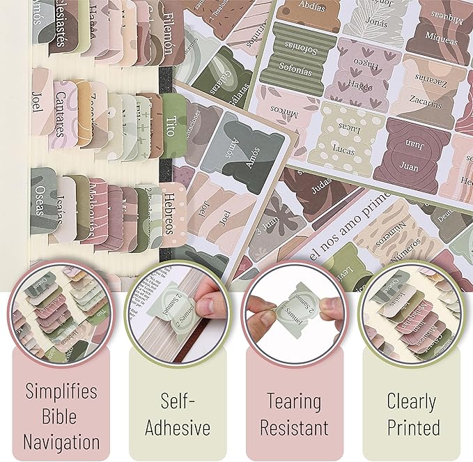 Mr. Pen- Spanish Bible Tabs, 75 Tabs, Boho Theme, Laminated Bible Tabs for Women and Men, Bible Tabs in Spanish, Bible Tabs Spanish, Bible Tabs for Study Bible, Bible Index Tabs, Mr Pen Bible Tabs