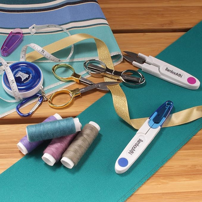 JubileeYarn Portable Travel Safety Folding Scissors Set, One Gold, One Silver, Two Thread Snips, and a Fabric Measuring Tape