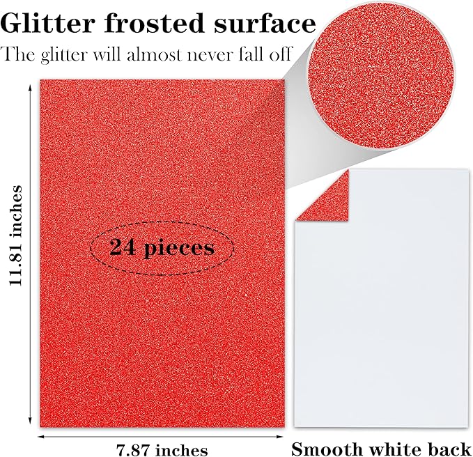 24 Sheets Red Glitter Cardstock Paper, A4 Premium Sparkly Paper for Scrapbook, DIY Projects, Party Decoration, Gift Box Wrapping 250GSM/92lb