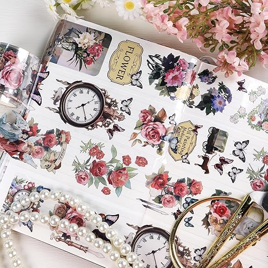Vintage Flower PET Tape - Flower Butterfly Transparent Tape Junk Journal Supplies, Angel Cat Scrapbooking Tapes for Art Crafts Decorative Scrapbook Journal, Aesthetic Junk Journal Supplies