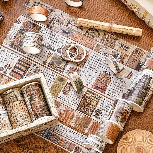 18 Rolls Vintage Washi Tape Pack Retro Arts Adhesive Tapes Wide Monologue Decorative Masking Tape Sets for Craft, Kids, Scrapbook, DIY, Gift Wrapping (Past Events)