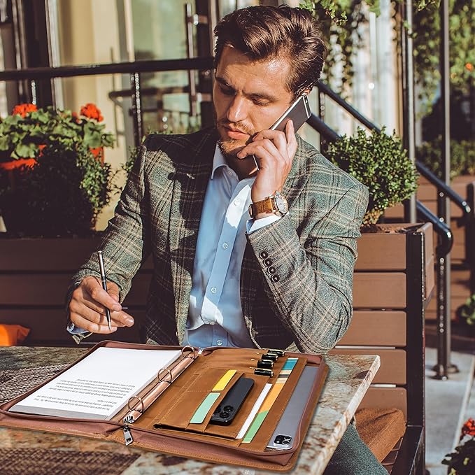 Free Name Engraved, Personalized Leather Portfolio Binder for Men, 3 Ring Binder Custom Padfolio Folder, Handmade Professional Business Organizer with Zipper, Gift for Men/Women, Customized, Brown