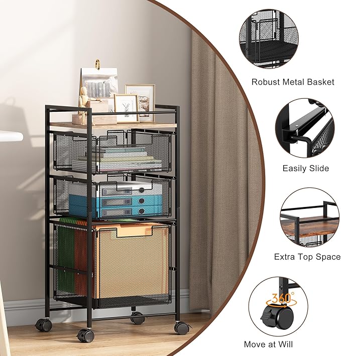 EasyPAG Rolling File Cabinet, Metal File Organizer Storage Cart, Mobile File Cart with Removable Drawers with 4 Swivel Casters Rolling Wheels Cart, 1 File Drawer and 2 Small Drawers, Black