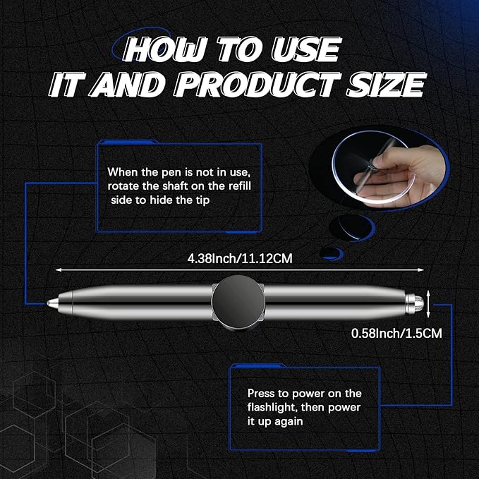 Chinco 2 Pieces Fidget Spinning Pen with LED Light Multi Functional Help Thinking Ballpoint Gift Pen for Adults Students Teenage(Gray)
