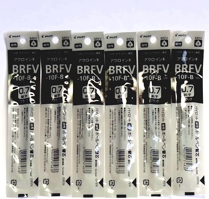 Pilot Acroball Ballpoint Pen Black Ink Refills, 0.7mm, BRFV-10F-B, Set of 6 (Japan import) [Komainu-Dou Original Package]