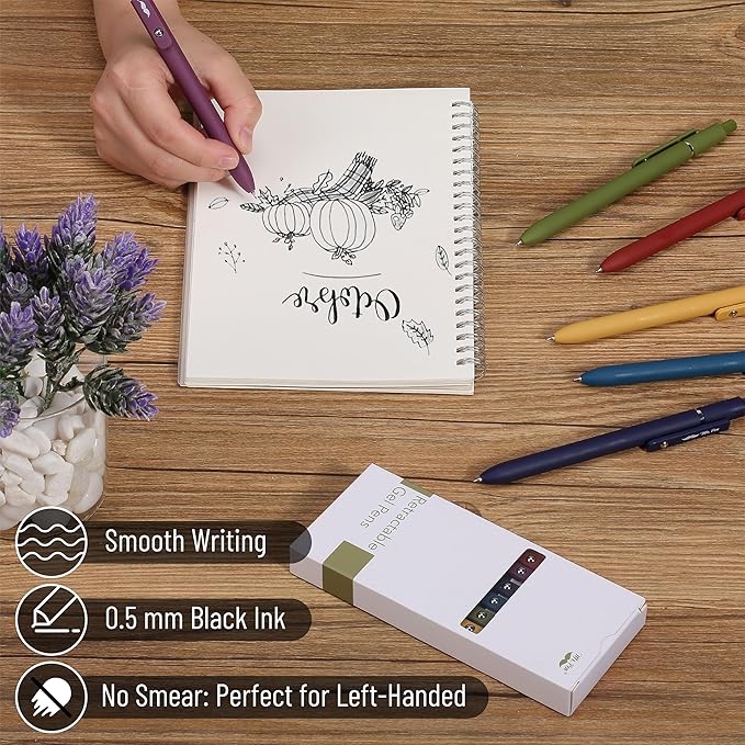 Mr. Pen- Retractable Gel Pens, 6 Pack, Vintage Color Barrels, Black Gel Pens, Fast Dry, Gel Pens Fine Point 0.5mm, Retractable Pens, Cute Pens, Gel Ink Pens, Black Pens, Aesthetic Pens for Journaling