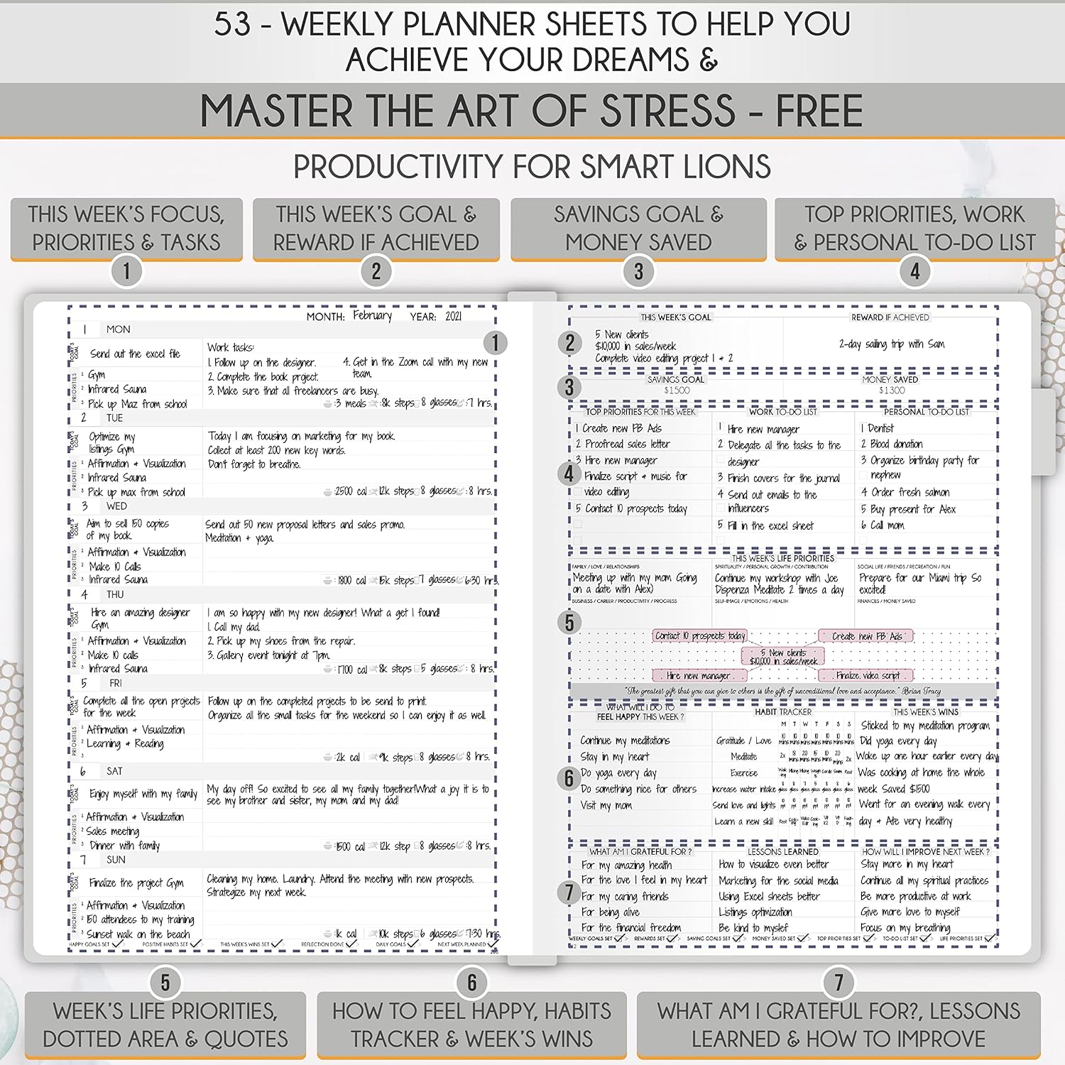 Life Planner - Undated Daily, Weekly & Monthly Planner with Budget Section | A 12 Month Journey to Increase Productivity & Happiness | Life Organizer & Gratitude Journal - Horizontal Format
