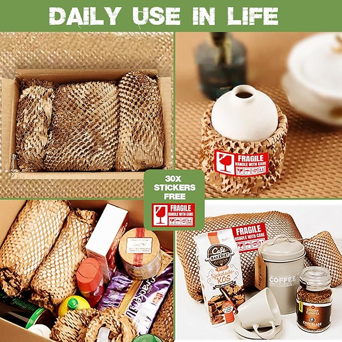 Honeycomb Packing Paper 15 Inch x 135 Feet with 30 Fragile Stickers – Eco-Friendly Honeycomb Wrap for Packing Fragile Items – Recyclable Protective Wrapping Roll for Moving, Shipping, & Storage