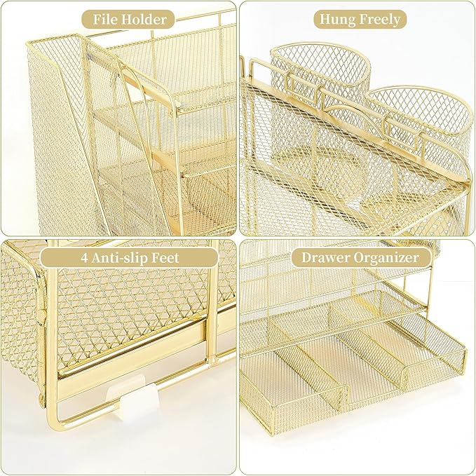 Gianotter Paper Letter Tray Organizer with File Holder, 4-Tier Desk Accessories & Workspace Organizer with Drawer and 2 Pen Holders