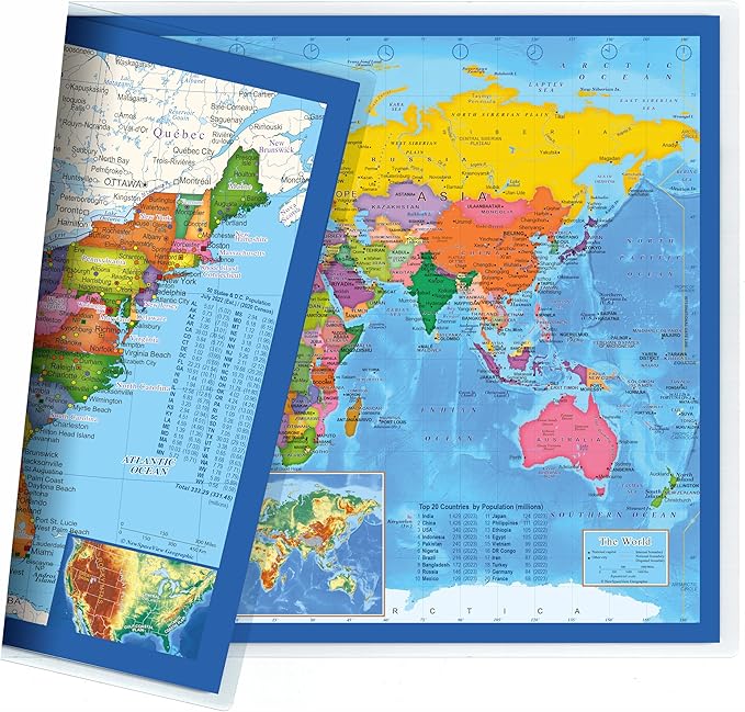 2-Sided Desk Map with Durable Lamination (1 Pack: US/Europe Centered World)