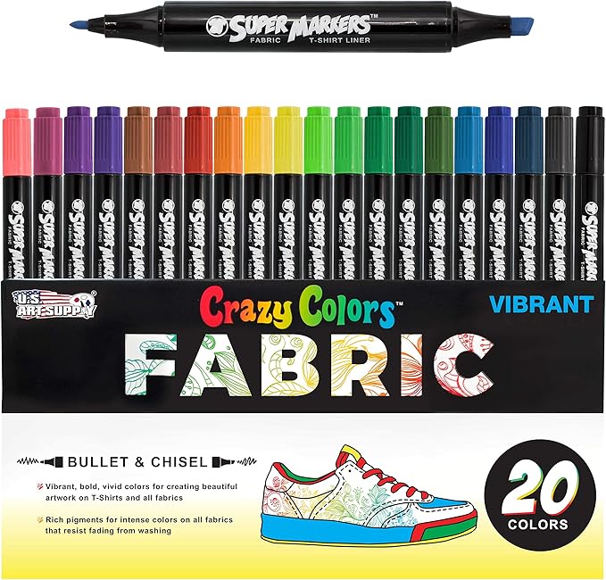 U.S. Art Supply Super Markers 20 Unique Colors Dual Tip Fabric & T-Shirt Marker Set-Double-Ended Fabric Markers with Chisel Point and Fine Point Tips - 20 Permanent Ink Vibrant and Bold Colors