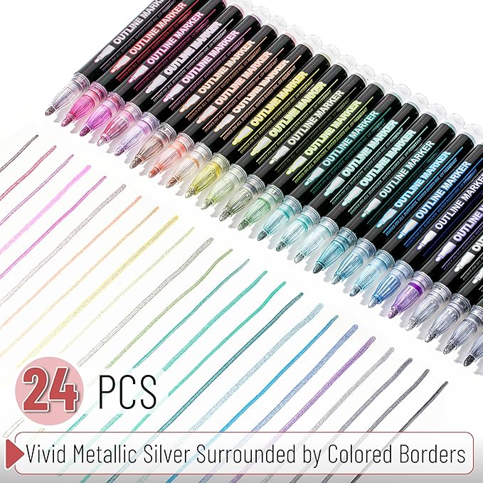 Mr. Pen- Double Line Outline Markers, 24 Colors, Shimmer Markers Outline Double Line, Metallic Outline Markers Self-Outline Metallic Markers, Outline Pens, Outline Marker, Outline Markers for Drawing