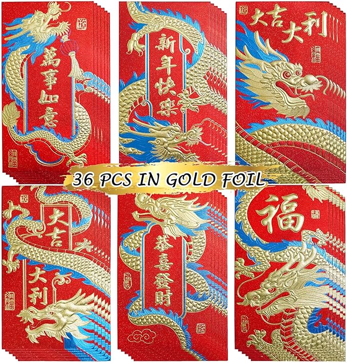 Chinese New Year Red Envelopes 2024 Dragon Lucky Money Envelopes Hongbao 红包 Laisee Embossed Foil Chinese Lunar Envelopes for Spring Festival (6 Patterns 36 Pcs)