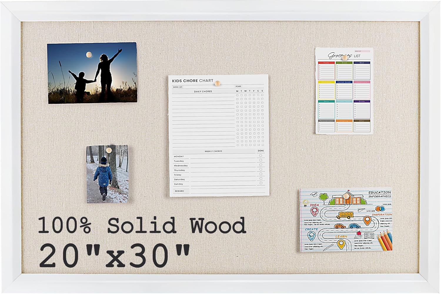 Bulletin Board Cork Board with Linen, 100% Wood Framed 30" x 20" Bulletin Board Decorations, Pin Boards for Walls, Wall Mounted Fabric Picture Board with 10 Pushpins for School, Home & Office, White