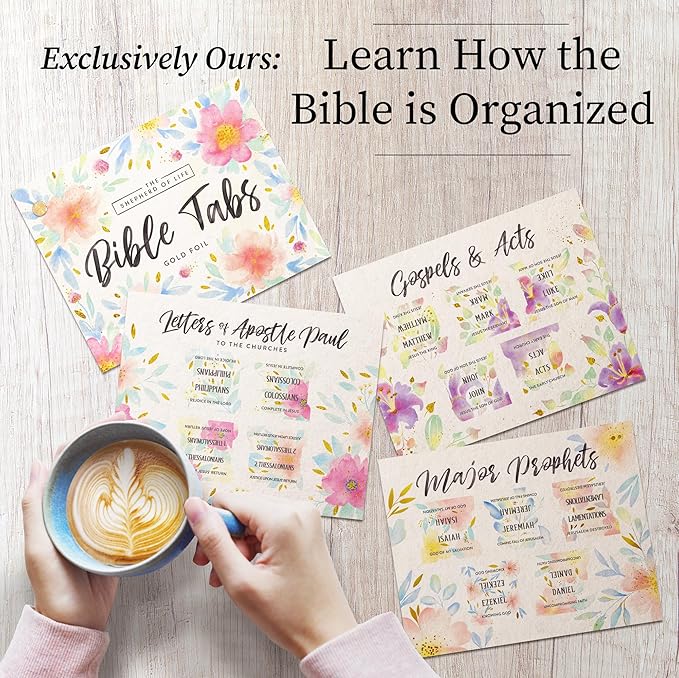 Gold Floral Bible Tabs for Women - Soul Nourishing Book Summaries - 66 Peel-and-Stick Large Print Laminated Bible Tabs | Bible Study Supplies Pink, Journaling Accessories, Gifts, The Shepherd of Life