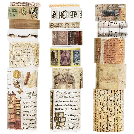 18 Rolls Vintage Washi Tape Pack Retro Arts Adhesive Tapes Wide Monologue Decorative Masking Tape Sets for Craft, Kids, Scrapbook, DIY, Gift Wrapping (Past Events)
