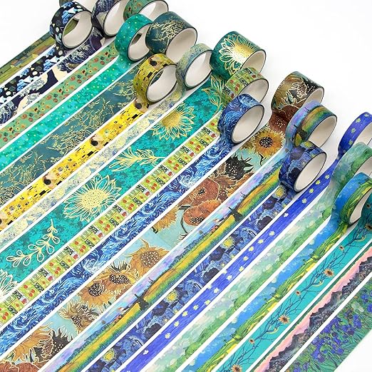 Washi Tape Set, 36 Rolls Van Gogh Vintage Gold Washy Tape, Wide Decorative Tape for Journaling, Scrapbooking Supplies,Vision Board Supplies, 6 Sizes Craft Watercolor Tape