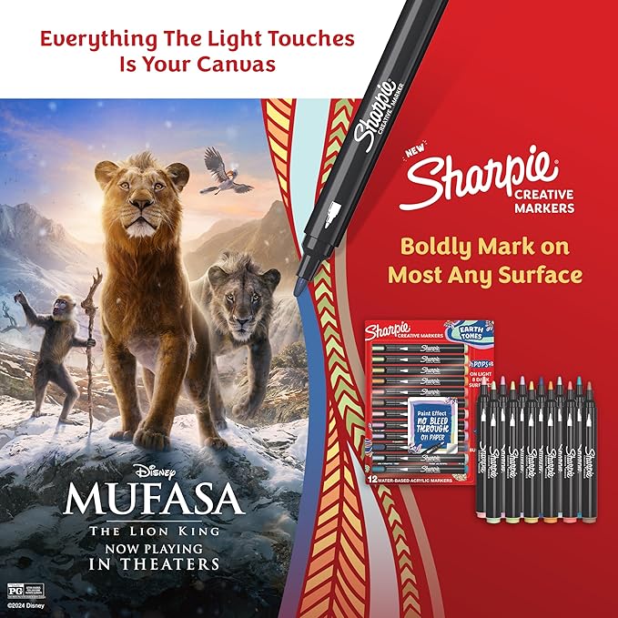 SHARPIE Creative Markers, Earth Tones, Water-Based Acrylic Markers, Bullet Tip, Assorted Colors, 12 Count, Everything The Light Touches Is Your Canvas, In celebration of Disney’s Mufasa: The Lion King
