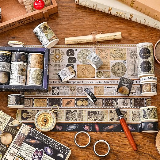 18 Rolls Vintage Washi Tape Pack Retro Arts Adhesive Tapes Wide Monologue Decorative Masking Tape Sets for Craft, Kids, Scrapbook, DIY, Gift Wrapping (Universe Milky Way)