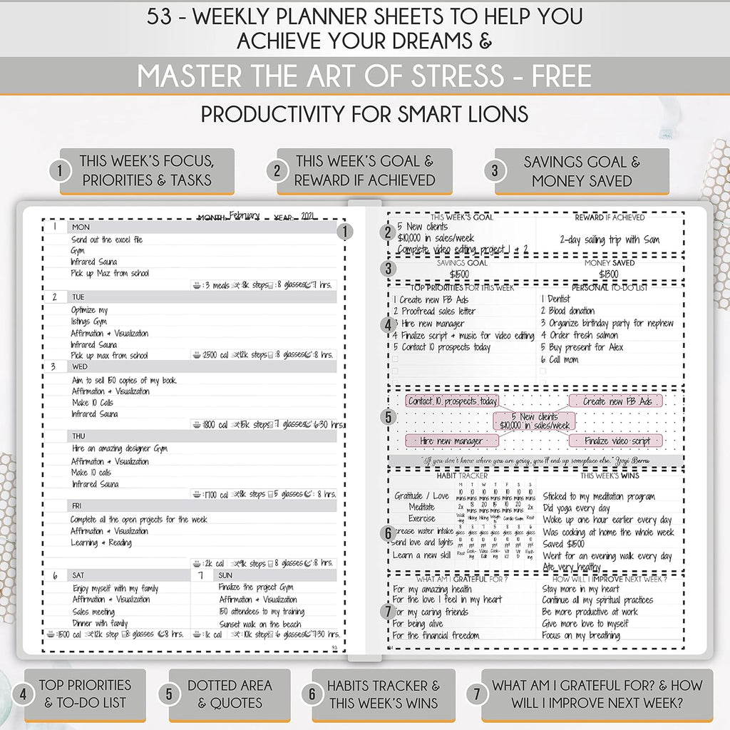 Life Planner - Undated Daily, Weekly & Monthly Planner with Budget Section | A 12 Month Journey to Increase Productivity & Happiness | Life Organizer & Gratitude Journal - Horizontal Format