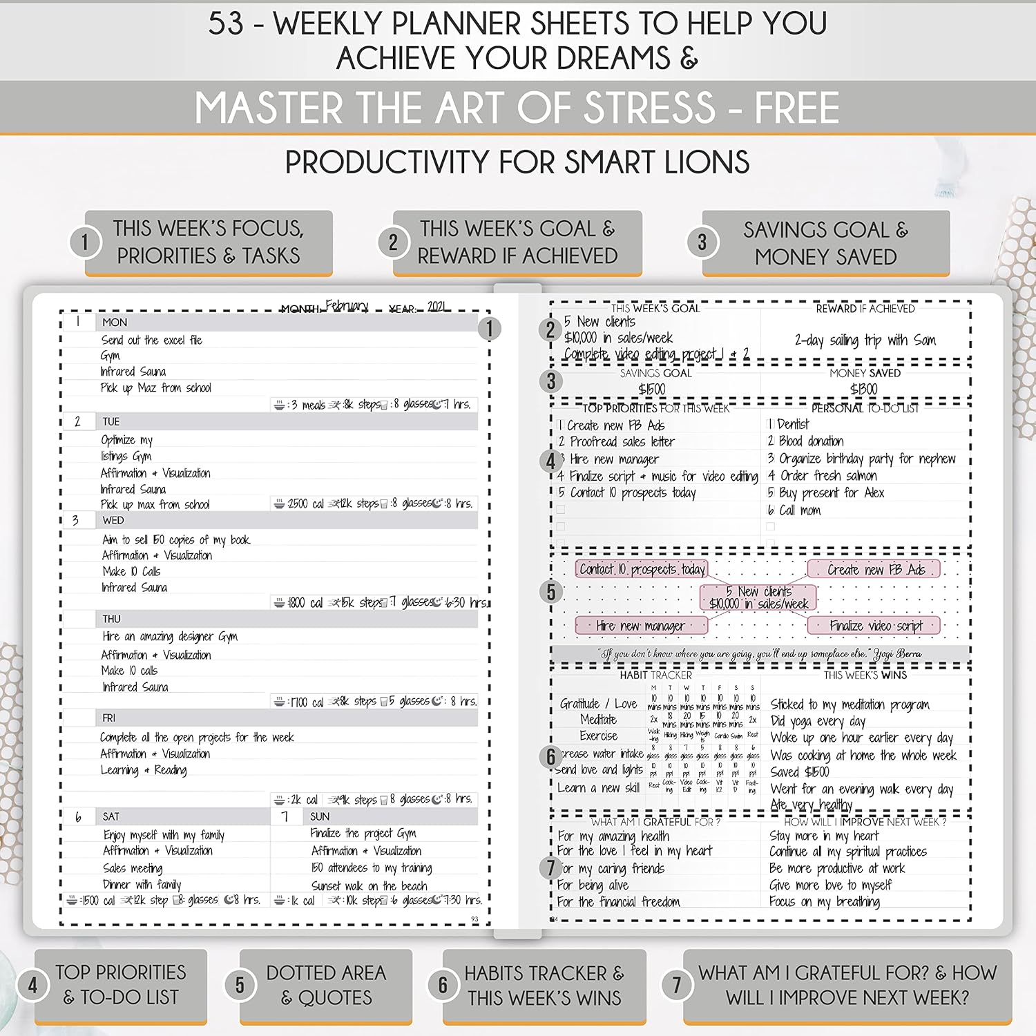 Life Planner - Undated Daily, Weekly & Monthly Planner with Budget Section | A 12 Month Journey to Increase Productivity & Happiness | Life Organizer & Gratitude Journal - Horizontal Format
