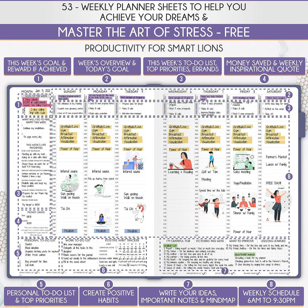 Hourly Planner - Undated Daily, Weekly & Monthly Planner with Budget Section | A 12 Month Journey to Increase Productivity & Happiness | Life Organizer & Gratitude Journal - Vertical Format