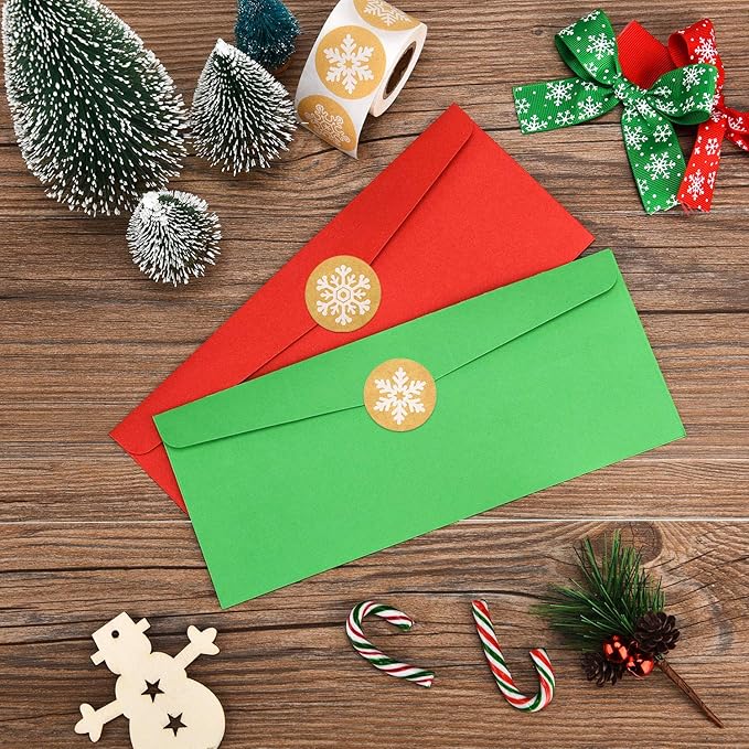 100 Pieces Number 10 Envelopes Gift Card Envelopes with 200 Pieces Christmas Kraft Snowflake Stickers Valentine's Day Stickers for Festive Letters Holiday Mail Gift Supplies (Classic Style)