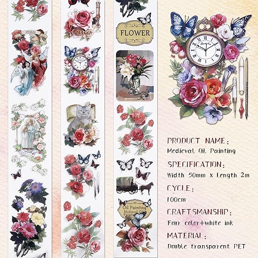 Vintage Flower PET Tape - Flower Butterfly Transparent Tape Junk Journal Supplies, Angel Cat Scrapbooking Tapes for Art Crafts Decorative Scrapbook Journal, Aesthetic Junk Journal Supplies