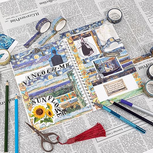 Lychii Washi Tape Set, 12 Rolls Gold Foil Van Gogh Oil Painting Patterns 5M/16.4Ft Long Decorative Masking Tapes for Planners, Calendar, Scrapbook, Journal - 15 mm