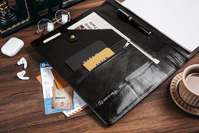 Personalized Leather Portfolio for Men, Engraved Leather Clipboard Portfolio Binder, Custom Leather Resume Padfolio for Women, Christmas Gift for His/Her (Clipboard, Shiny Black-Custom)