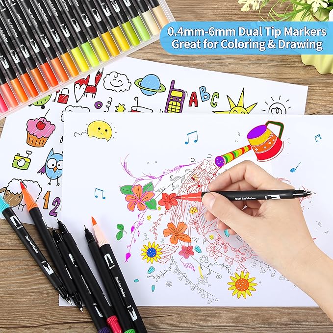 100 Art Markers Set for Adult Coloring Books No Bleeding,Bullet Journal Pens Watercolor Markers for Artists Painting Calligraphy Dual Tip Markers Brush and Fine for Kids Teens Women Drawing Coloring