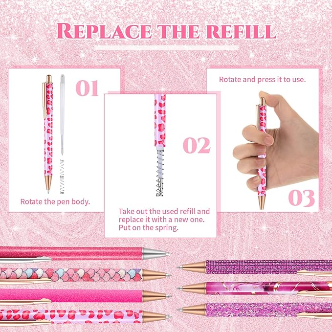 Sherr 7 Pcs Fancy Pens for Women Cute Sparkly Glitter Pens with 10 Pcs Black Ink Refills Pretty Gifts for Girls Office School Christmas Graduation(Hot Pink,Lovely)
