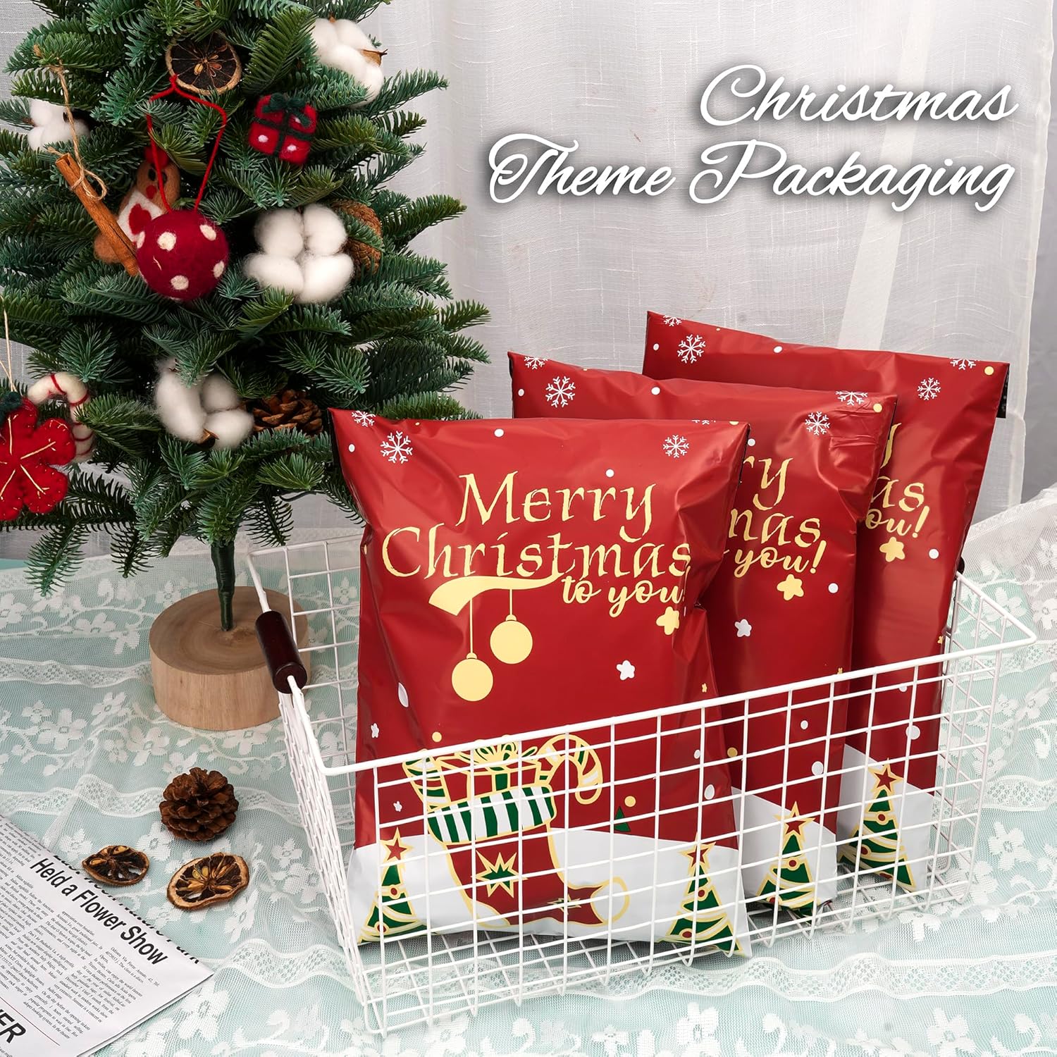 Christmas Poly Mailer 10x13 Inch 25 Pcs, Waterproof Shipping Bags for Clothing, Tear-Resistant Mailier, Strong Mailing With Self-Seal - Red Merry Christmas