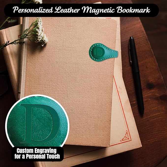 Personalized Leather Magnetic Bookmarks (1 Pack) Vintage Custom Engraved Initial ID Identification Book Marker Clip Gift for Book Lover Avid Readers (Letter D, Green)