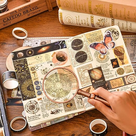 18 Rolls Vintage Washi Tape Pack Retro Arts Adhesive Tapes Wide Monologue Decorative Masking Tape Sets for Craft, Kids, Scrapbook, DIY, Gift Wrapping (Universe Milky Way)