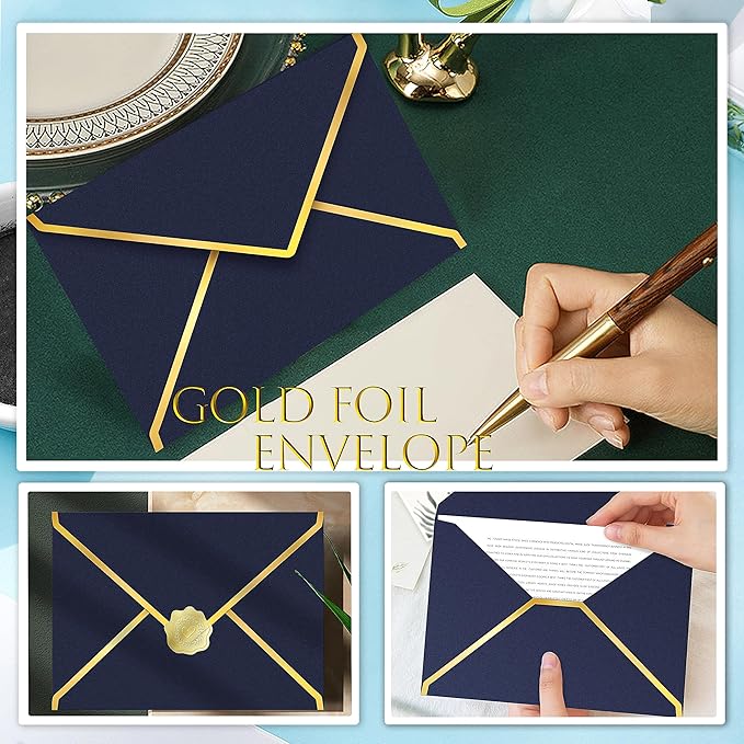 60 Pack Gold Envelopes 5x7 Dark Blue, 250G Pearled Cardstock A7 Envelopes for Invitations Business Mailing Envelope with Gold Foil Border, A6 4x6 Envelopes for Wedding Baby Shower Cards