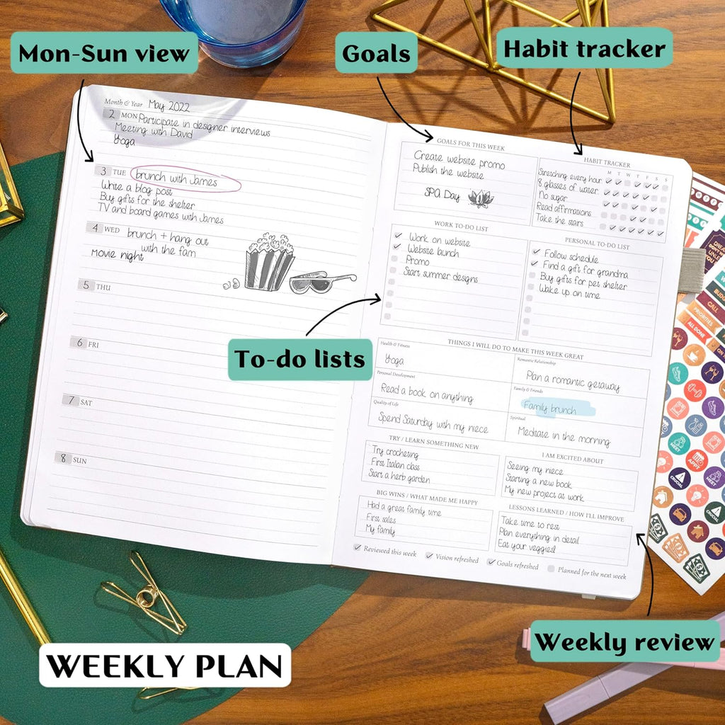Legend Planner PRO – Deluxe Weekly & Monthly Life Planner to Increase Productivity and Hit Your Goals. Time Management Organizer Notebook – Undated – 7 x 10" Hardcover + Stickers – Seashell