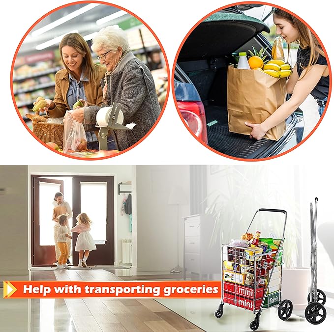 Wellmax WM99024S Grocery Utility Shopping Cart, Easily Collapsible and Portable to Save Space and Heavy Duty, Light Weight Trolley with Rolling Swivel Wheels