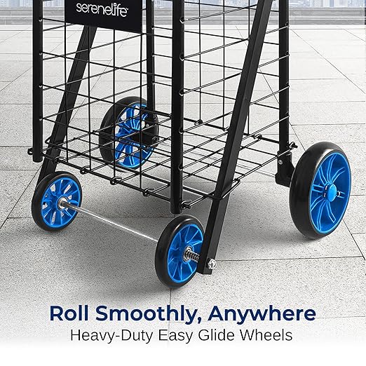 SereneLife Kids Utility/Shopping Cart with Rolling Swivel Front Wheels,66 lbs Capacity,Portable,Lightweight,Collapsible Compact Easy Folding Saves Space, Grocery,Laundry,Luggage with Your Child Blue