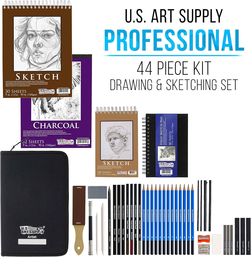 U.S. Art Supply 44-Piece Drawing & Sketching Art Set with 4 Sketch Pads (242 Paper Sheets) - Professional Artist Kit, Graphite, Charcoal, Pastel Pencils & Sticks, Erasers - Pop-Up Carry Case, Student