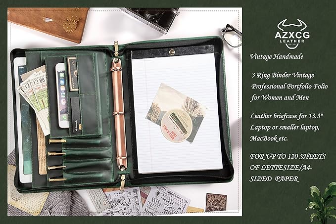 AZXCG Padfolio for Men, Leather Document Organizer with 3 Ring Binders, Legal Pad Resume Holder, Work Binder Folder, Zip Binders 3 Ring, Green, Gift for Men/Son