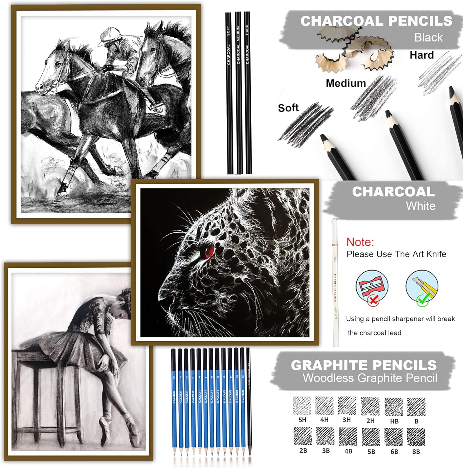 KALOUR 34 Sketching Pencil Set with Sketchbook - Zippered Travel Case - Sketch,Charcoal,Eraser - Art Drawing Supplies for Beginner, Kids,Adults