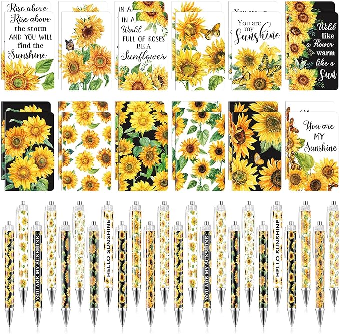 Pasimy 48 Pcs Sunflower Notebooks and Pen Set, Sunflower Mini Notepad Sunflower Party Ballpoint Pen Vintage Sunflower Gift Favor for Office Home Summer Sunflower Birthday Party Gift Supplies Decor