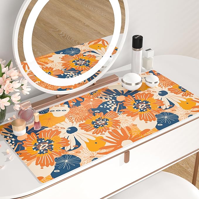 QIYI Large Desk Pad, Floral Mouse Pad Desktop Decor, Waterproof PU Leather Desk Cover Protector, Desk Accessories for Office Home Work Writing Gaming 31.5" x 15.7" - Orange Blue Flowers