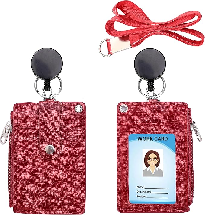 Cute ID Badge Holder Retractable Lanyard Reel Clip with Heavy Duty Carabiner, 5 Card Slots in 2 Sided with Key Ring and Zipper for Women Students Teens Girls Office Staff (Red)