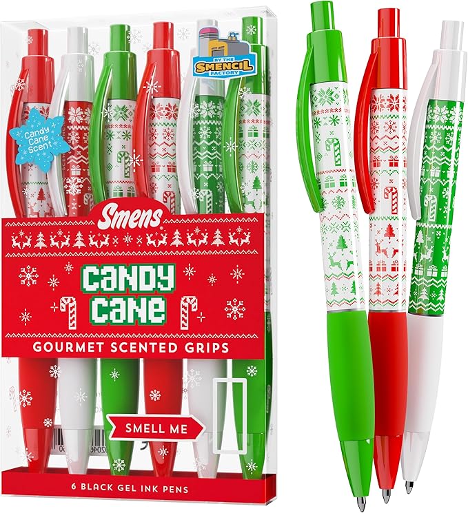 Holiday Smens - Candy Cane Scented Black Gel Ink Pens 6 Count, Stocking Stuffer Gifts for Kids School Supplies Party Favors Classroom Reward