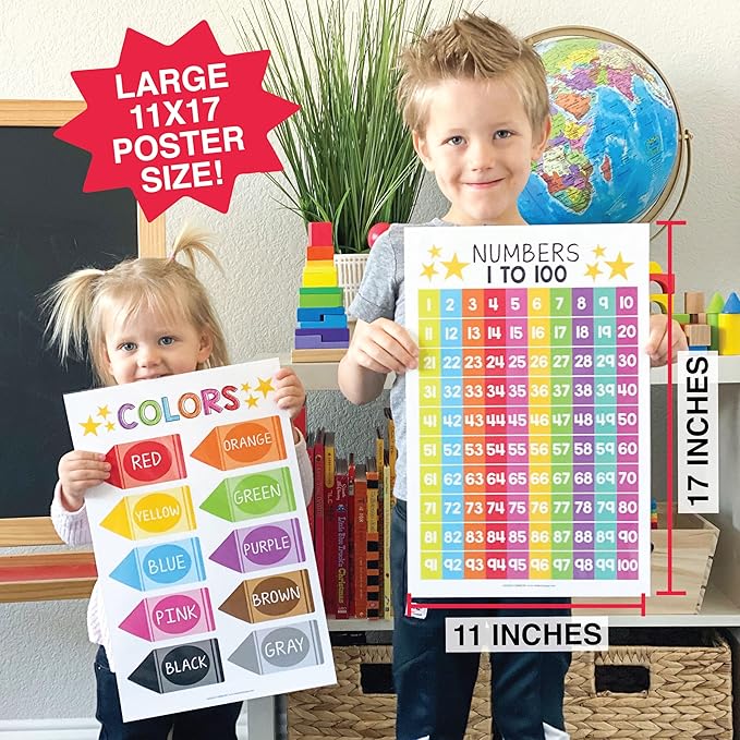 Hadley Designs 16 Educational Posters for Classroom & Kindergarten, Kindergarten Classroom Must Haves, Laminated PreK Learning Chart Materials US & World Map, ABC Alphabet, Shapes, Days of the Week