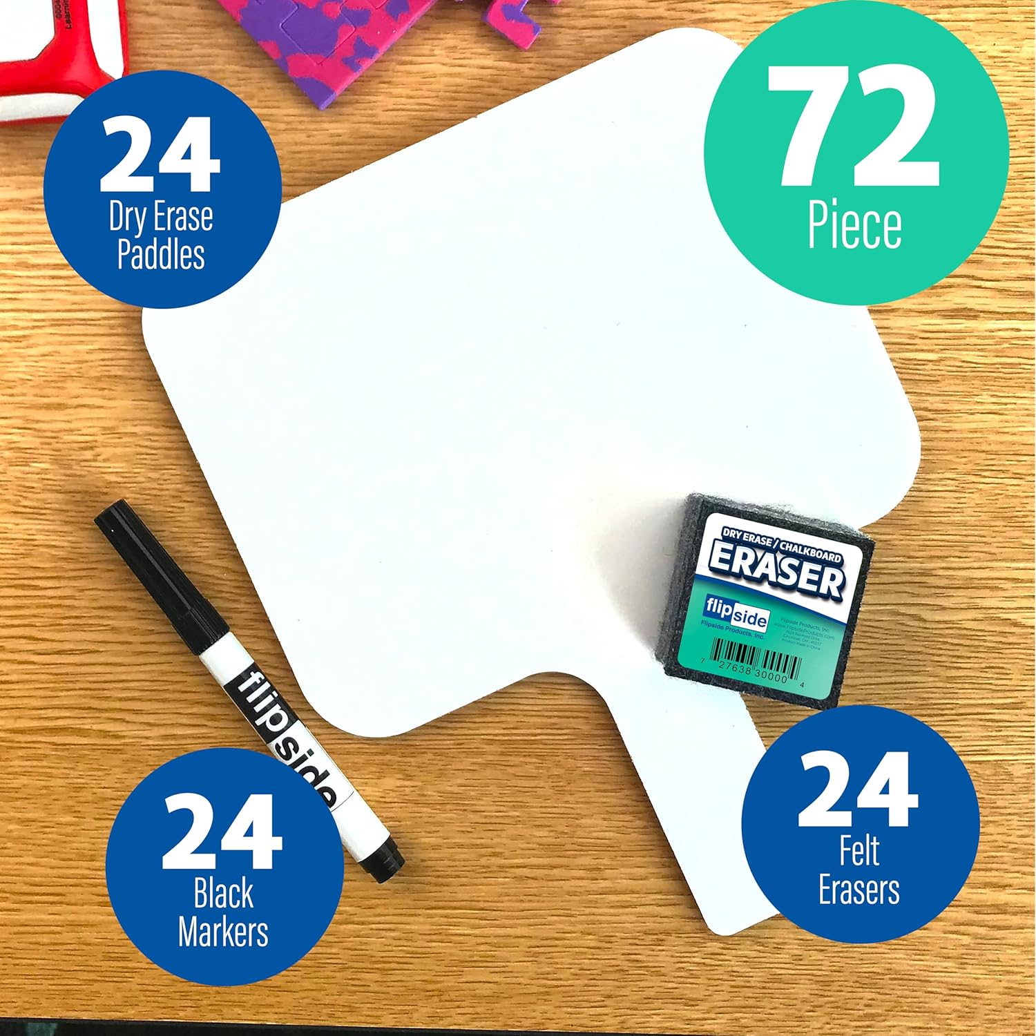 Flipside Products Rectangular Dry Erase Answer Paddles w/Black Dry Erase Marker and Erasers, Auction, Handheld Whiteboard, Handle Response Board, 72 Pieces, Set of 24