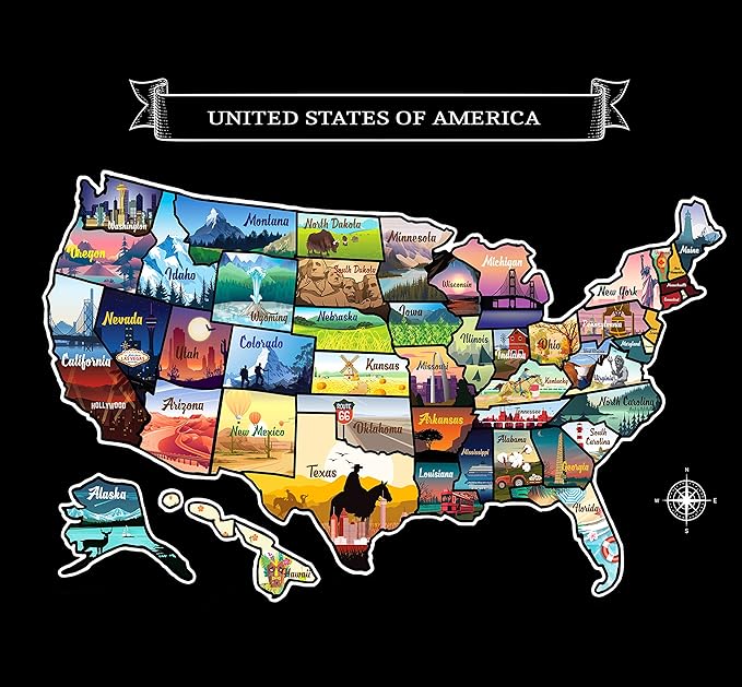 Large 23x16 Scratch-Off USA Map - Hand-Drawn Travel Design with Accessories, Laminated for Home Décor - Deluxe States Tracker, Road Trip Gift, Perfect for Travelers, Adventure & Geography Lovers